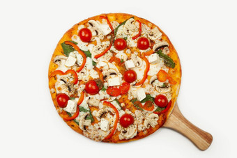 美味的素食者披萨服务木板成分签名酱汁罗勒马苏里拉奶酪奶酪香榭丽舍贝尔辣椒樱桃西红柿羊奶酪比萨 店促销<strong>活动海报</strong>