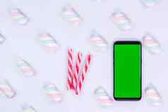 电话移动电话垂直绿色屏幕糖果狗圣诞节糖果白色背景扭曲的棉花糖模式浓度关键智能手机技术电话模型