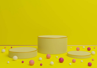 明亮的霓虹灯黄色的呈现讲台上站产品显示金行色彩斑斓的玻璃球产品演讲背景奢侈品产品有趣的糖果