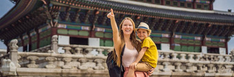妈妈儿子游客首尔南韩国旅行韩国概念旅行孩子们概念横幅长格式