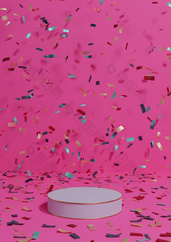 明亮的品红色的霓虹灯粉红色的呈现产品显示基座站周年纪念日产品庆祝活动五彩纸屑讲台上金行奢侈品产品简单的最小的背景