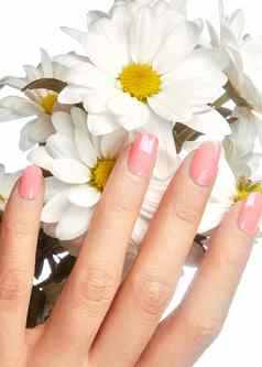 修剪整齐的指甲自然指甲波兰的修指甲粉红色的nailpolish时尚修指甲闪亮的过来这里漆春天