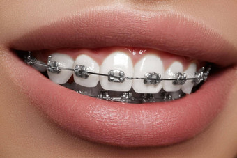 美丽的白色牙齿牙套牙科护理<strong>照片</strong>女人<strong>微笑</strong>牙医配件口腔正畸学治疗