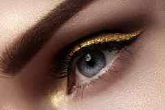 美丽的宏拍摄女眼睛仪式化妆完美的形状眉毛眼线笔黄金行眼睑