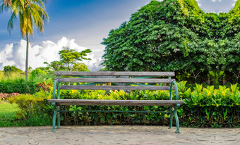 孤独的板凳上公园木板凳上公园蓝色的天空木板凳上花园