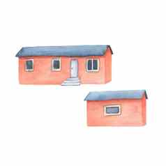 砖房子水彩集手画复古的红色的房子集合村古董房地产体系结构插图舒适的住宅图像白色背景