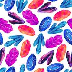 明亮的色彩斑斓的发光的晶体无缝的模式色彩鲜艳的表面纹理手画水彩紫水晶宝石