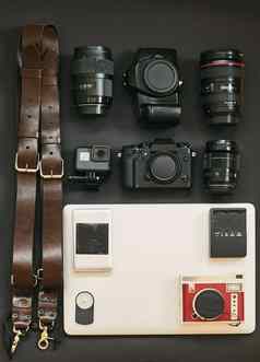 集摄影师旅行布局相机集照片设备笔记本