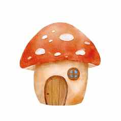 水彩插图飞木耳蘑菇森林可爱的蘑菇房子孤立的白色背景