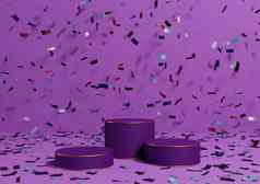 明亮的紫色的紫罗兰色的呈现产品显示领奖台站色彩斑斓的五彩纸屑庆祝活动周年纪念日广告金行奢侈品产品简单的最小的背景