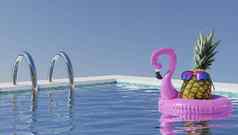 夏天假期游泳池放松生活方式概念菠萝太阳镜在游泳池边海滩假期热带休闲活动放松假期度假胜地呈现