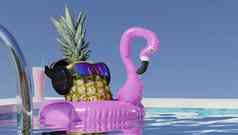 夏天假期游泳池放松生活方式概念菠萝太阳镜在游泳池边海滩假期热带休闲活动放松假期度假胜地呈现