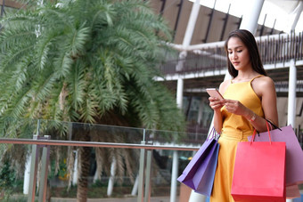 女人智能手机持有购物袋消费主义生活方式购物中心