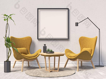 模拟海报帧棕色（的）扶手椅现代室内背景渲染插图