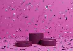 明亮的品红色的霓虹灯粉红色的呈现产品显示领奖台站色彩斑斓的五彩纸屑庆祝活动周年纪念日广告金行奢侈品产品简单的最小的背景