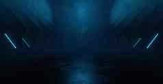 sci未来主义的车库蓝色的霓虹灯激光复古的展厅画廊混凝土沥青机库隧道走廊呈现