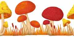 手画秋天秋天无缝的horizntal边境蘑菇森林木草叶子林地框架红色的橙色黄色的装饰点缀插图
