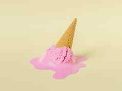 粉红色的融化了意式冰激凌华夫格锥下降米色表面