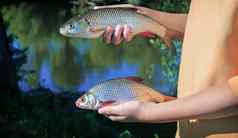女孩持有鱼抓住了河