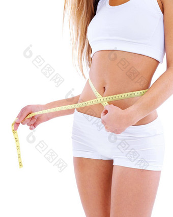 身体质量指数完美的裁剪工作室拍摄女人测量腰围孤立的白色