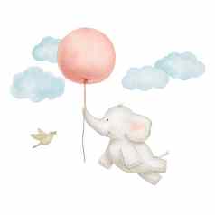 鸟可爱的婴儿大象飞行红色的气球天空水彩画孤立的白色背景卡片