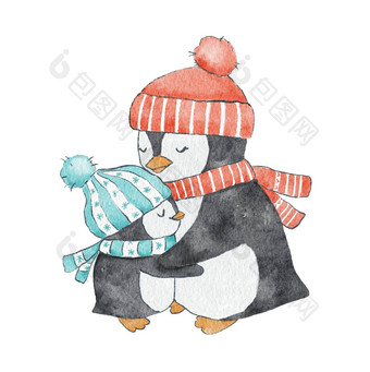 妈妈。企鹅红色的他拥抱孩子冬天蓝色的围巾水彩插图白色背景问候卡片婴儿海报