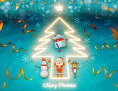 快乐圣诞节快乐一年圣诞老人老人可爱的驯鹿松树发光的插图
