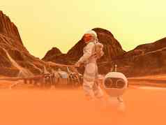 宇航员小机器人太空行走沙漠地球宇宙飞船回来