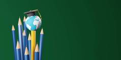 研究在国外教育概念设计黄色的铅笔世界毕业帽绿色背景渲染