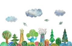 贴纸色彩斑斓的幻想森林手画水彩插图