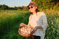 女人农民持有篮子新鲜的鸡蛋自然花园农村背景