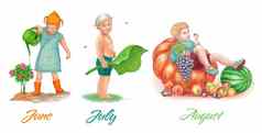 孩子们夏天女孩浇水花男孩短裤大植物叶男孩水果集水彩插图剪辑艺术明信片