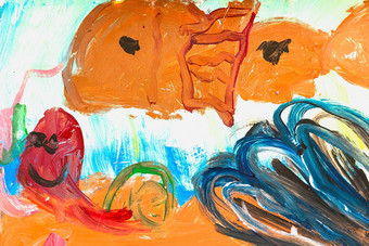 照片真正的画画幼儿园学前教育孩子水彩水粉画铅笔混合颜色概念艺术教育类治疗鼓舞人心的爱好橙色红色的鱼水下世界卡通