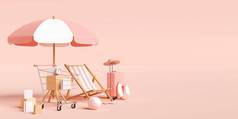 夏天出售横幅购物车海滩配件行李粉红色的背景插图