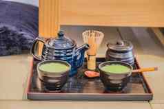 艺术日本生活绿色茶日式旅馆传统的仪式由茶壶茶杯茶刷把