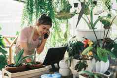 年轻的女人植物商店老板检查客户订单网站