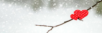 快乐情人节一天问候卡横幅红色的心分支白雪覆盖的树冬天假期快乐情人节一天降雪背景森林