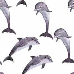 手画水彩无缝的模式海豚海海洋海洋动物航海水下濒临灭绝的哺乳动物物种蓝色的灰色的插图织物托儿所装饰海打印