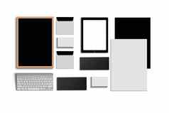 空白企业集孤立的白色由业务卡片文件夹平板电脑信封信纸的信头笔记本电脑闪光铅笔磁盘聪明的手机