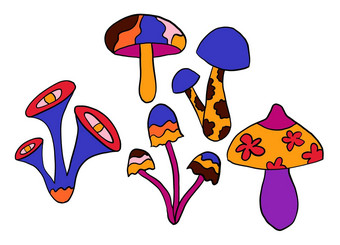 手画剪纸艺术插图嬉皮groovy蘑菇橙色紫色的蓝色的红色的颜色复古的古董风格漏洞百出的野生明亮的背景幻觉催眠元素