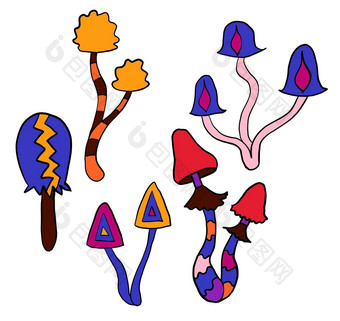 手画剪纸艺术插图嬉皮groovy蘑菇橙色紫色的蓝色的红色的颜色复古的古董风格漏洞百出的野生明亮的背景幻觉催眠元素