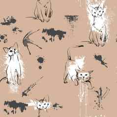 摘要线条图猫模式手画打印设计装饰纺织无缝的模式