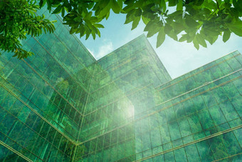环保建筑现代城市可持续发展的玻璃办公室建筑树减少热碳二氧化物办公室建筑绿色环境企业建筑减少