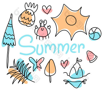集可爱的夏天元素太阳棕榈树海滩伞书法夏季海报卡剪贴簿
