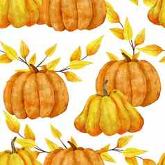 水彩手画无缝的模式黄色的南瓜叶子秋天秋天背景感恩节万圣节收获农场小屋织物打印