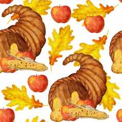 水彩手画无缝的模式感恩节丰饶的象征篮子角水果苹果梨玉米橡木叶子秋天秋天收获农场小屋背景有机食物打印