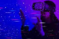 女人穿眼镜触摸虚拟屏幕元宇宙技术全球互联网连接虚拟社会网络