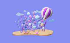 卡通热空气气球水下植物场景呈现