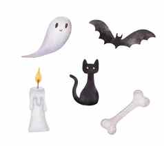 水彩鬼蝙蝠黑色的猫集插图万圣节孤立的白色