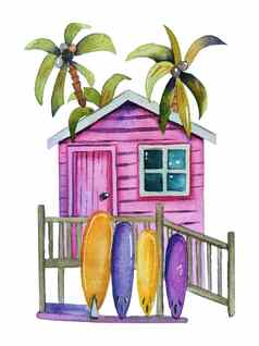 水彩插图海滩房子冲浪板明信片夏天海假期